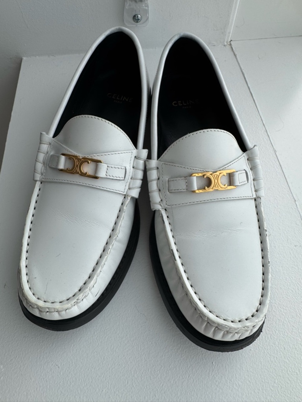 Celine White Leather Loafers with Gold Buckle - Picture 2 of 4